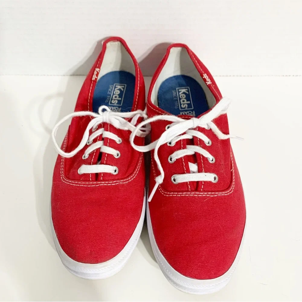 Keds Classic Champion Canvas Lace Up Sneakers White Outsoles and Soles Red 🟥